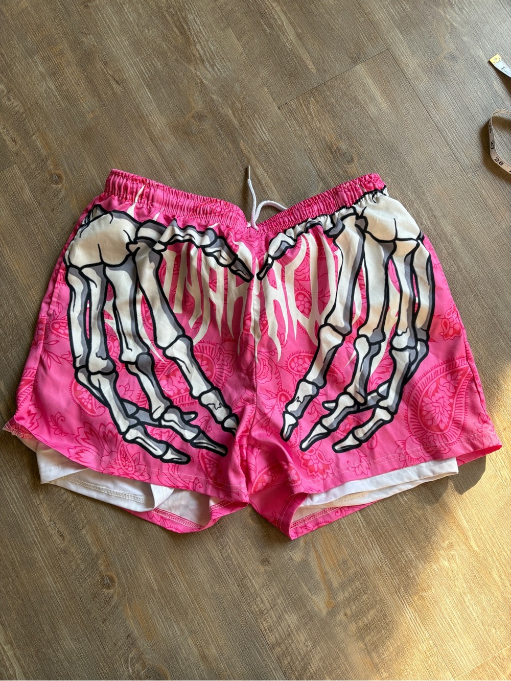 Pink Skeleton Heart Swim Shorts Size S/M | Y2K Alternative Swimwear